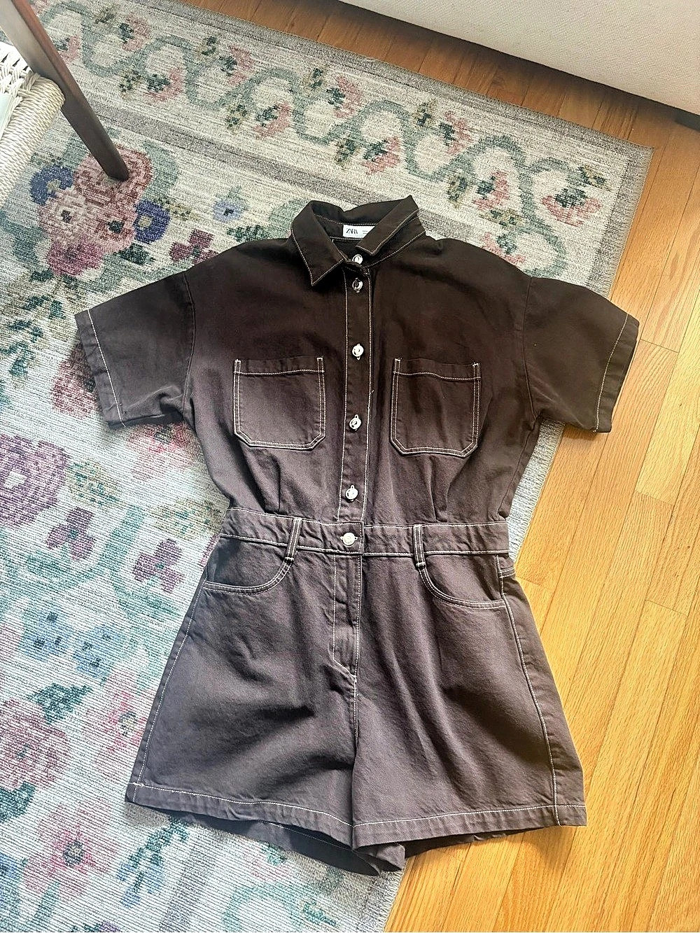 Zara Brown Short Sleeve Denim Romper Size Medium